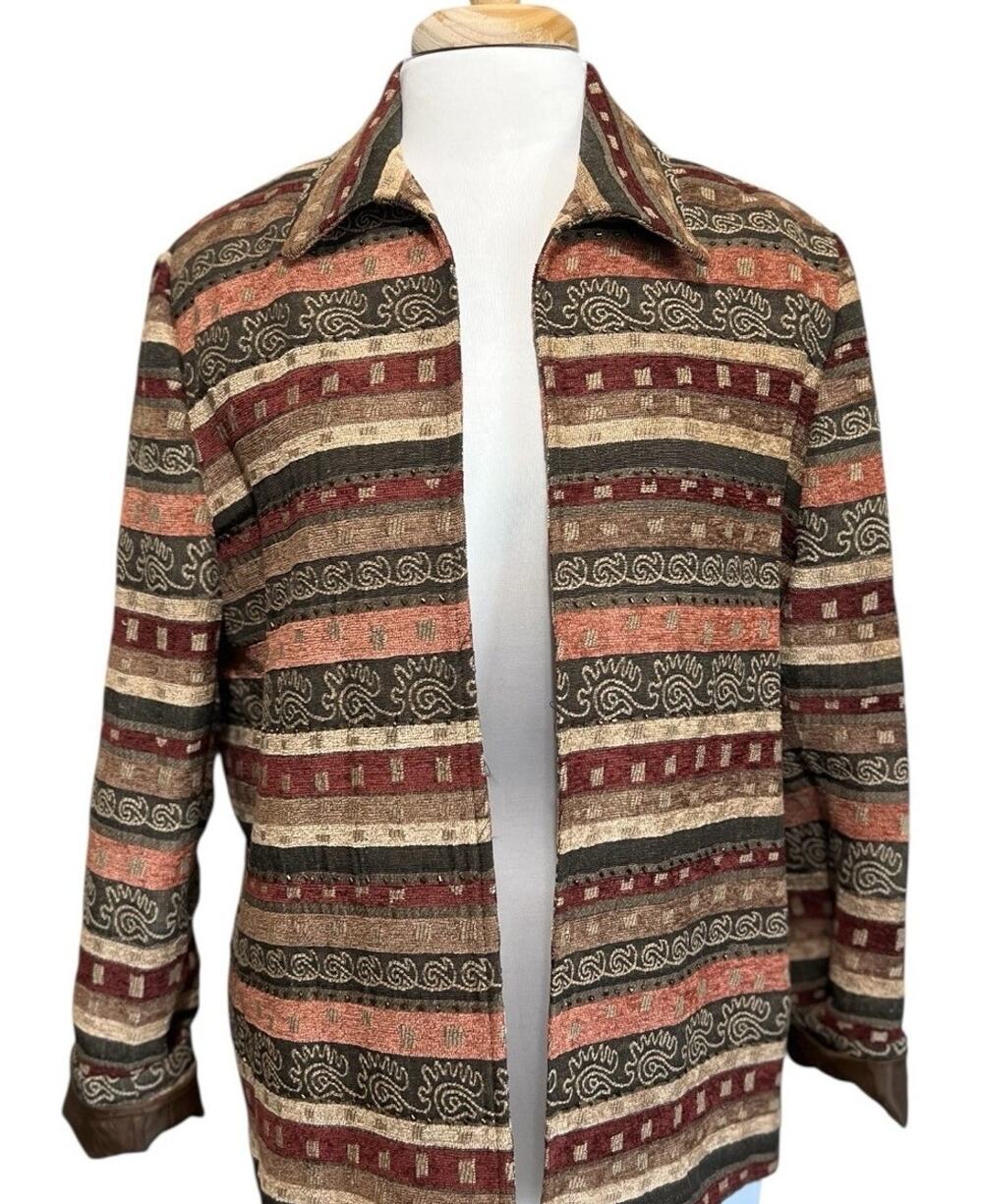 Alfred Dunner Blazer Womens 14 Open Brocade Tapestry Jacket Beaded Stripe Multi